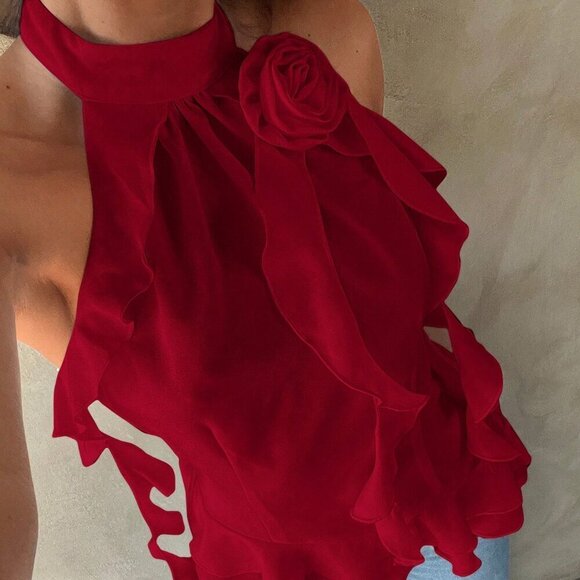 Tops - Red Casual Women's Ruched Floral 3d Decoration Halter Top